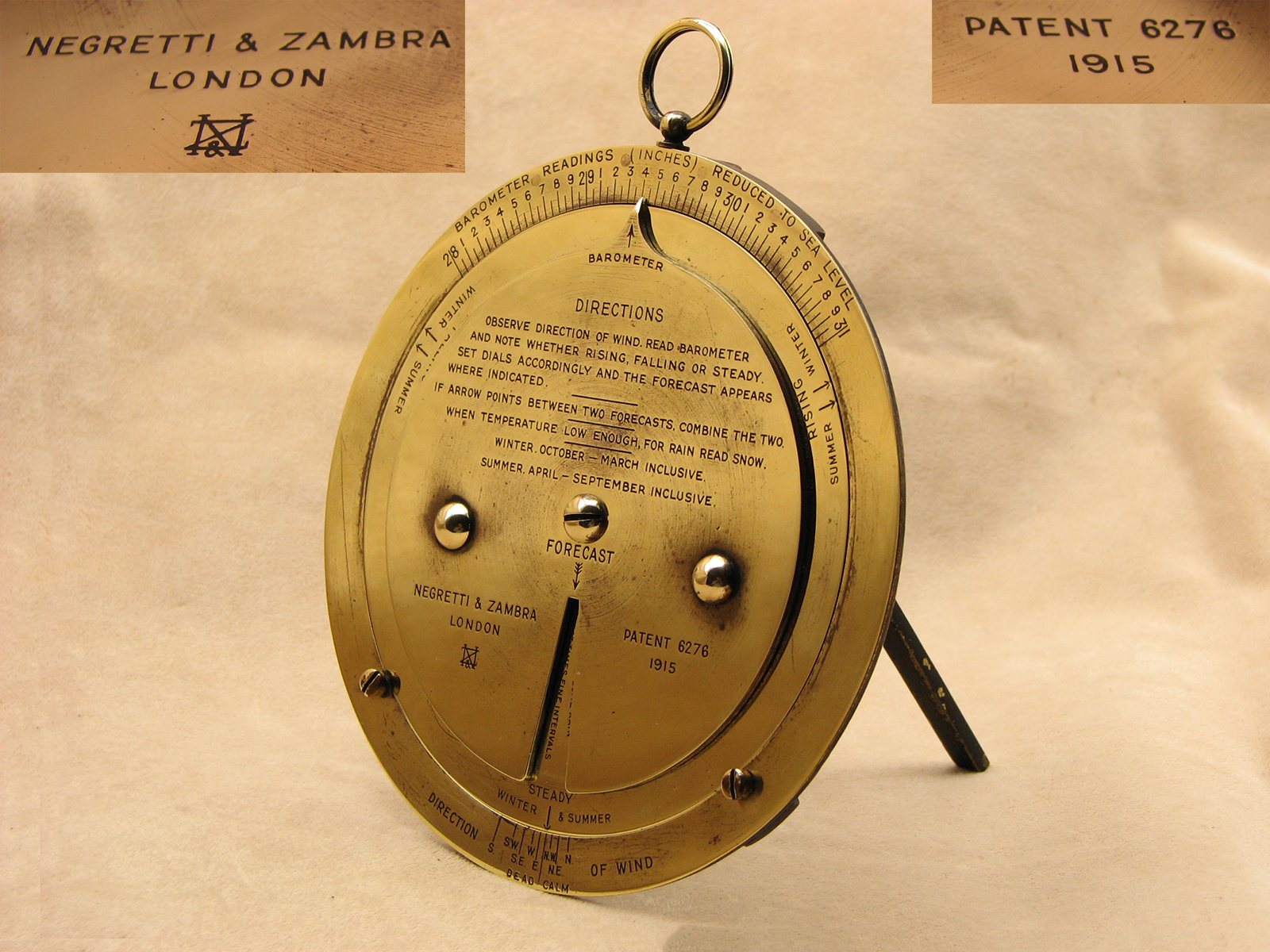 Rare 1920's Negretti & Zambra brass desktop weather forecaster 